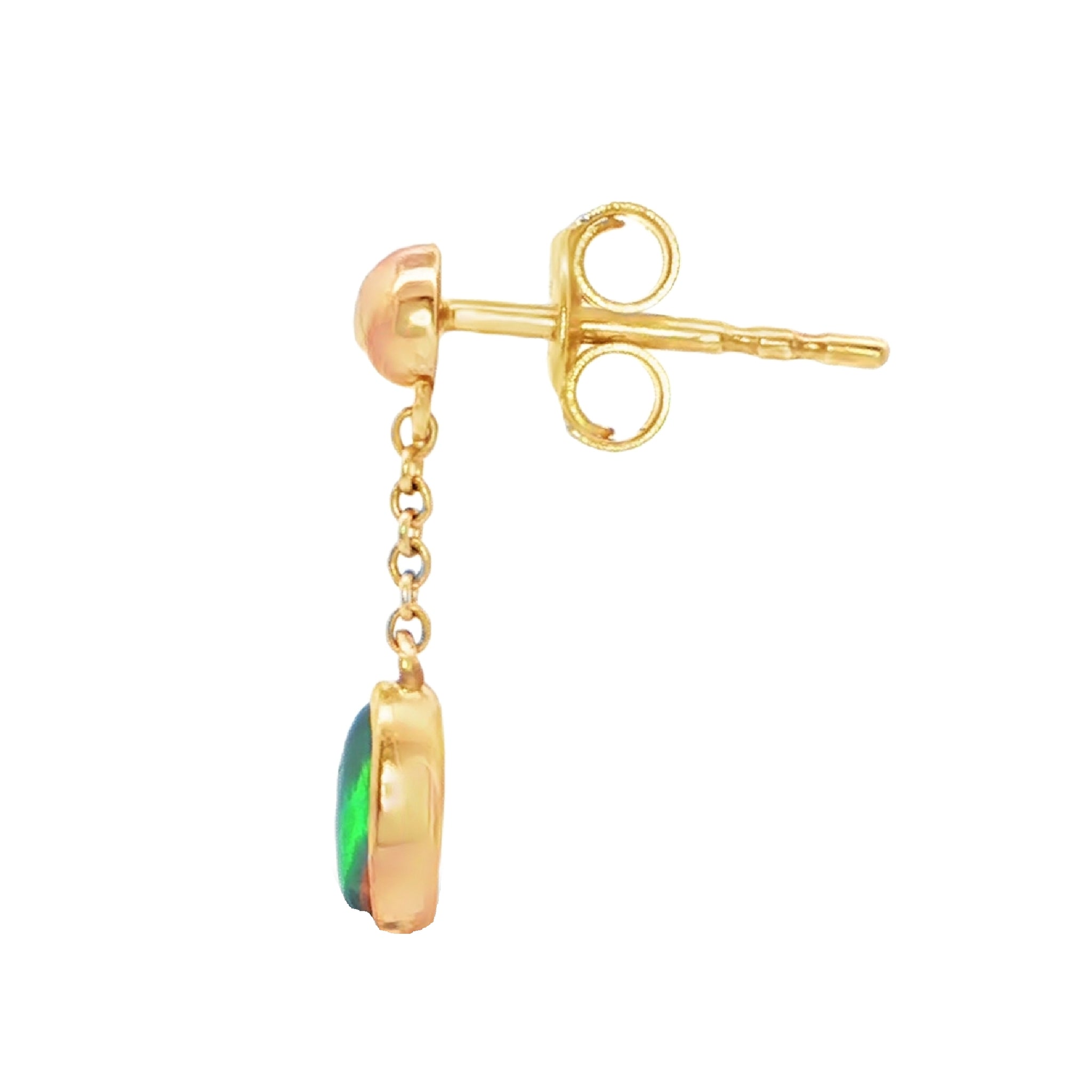 Black Opal Earrings in 14K Yellow Gold - Green and Blue