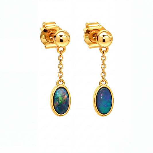 Yellow Gold Dangle Earrings with Cabochon Opal Gemstones