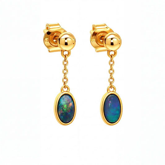 Yellow Gold Dangle Earrings with Cabochon Opal Gemstones - Australian Opal Cutters and Pearl Divers
