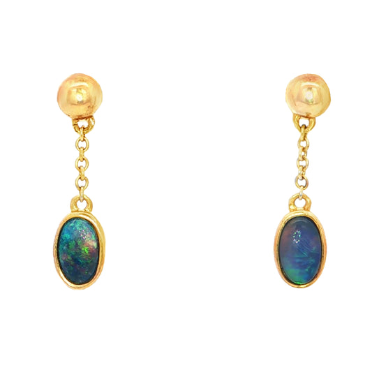 Black Opal Earrings in 14K Yellow Gold - Green and Blue