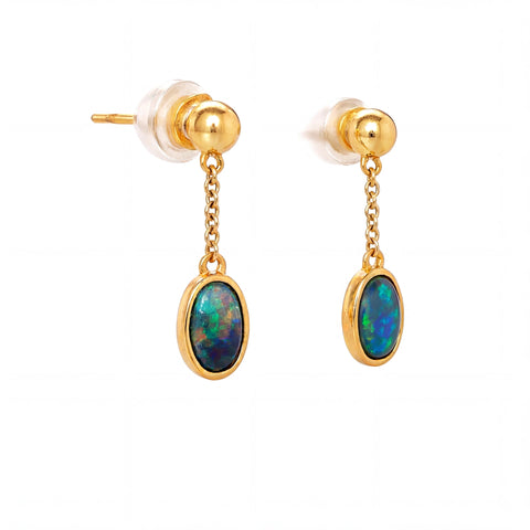 Yellow Gold Dangle Earrings with Cabochon Opal Gemstones - Australian Opal Cutters and Pearl Divers