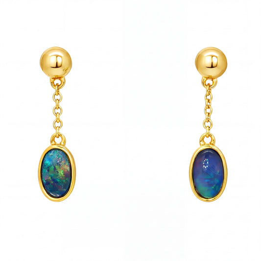 Black Opal Earrings in 14K Yellow Gold - Green and Blue - Australian Opal Cutters and Pearl Divers