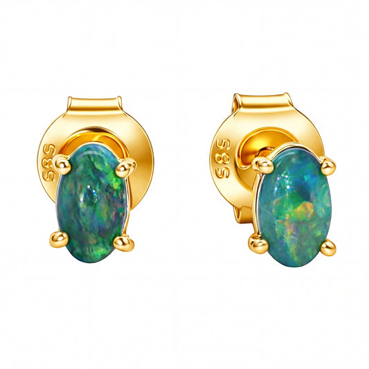 Dark Opal Earrings in 14K Yellow Gold - Multicolour - Australian Opal Cutters and Pearl Divers