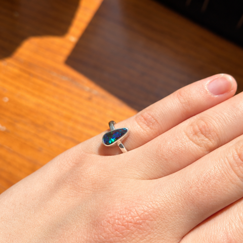Freeform Australian Boulder Opal Ring set in 925 Sterling Silver