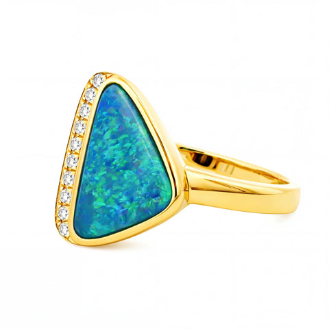Australian Black Opal Ring set in 14K Yellow Gold - Australian Opal Cutters and Pearl Divers