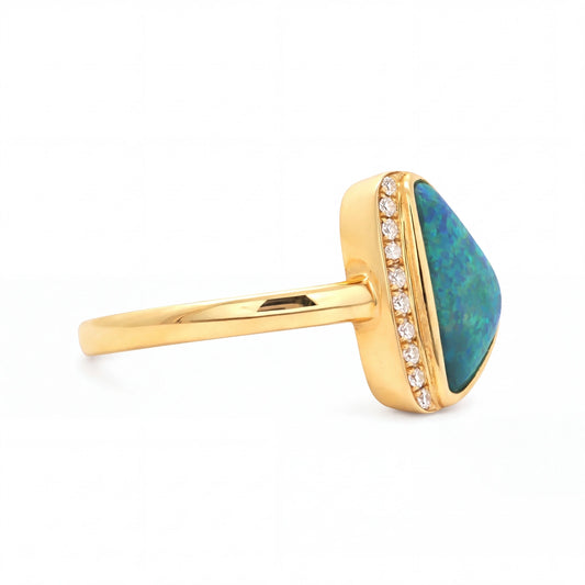 Australian Black Opal Ring set in 14K Yellow Gold - Australian Opal Cutters and Pearl Divers