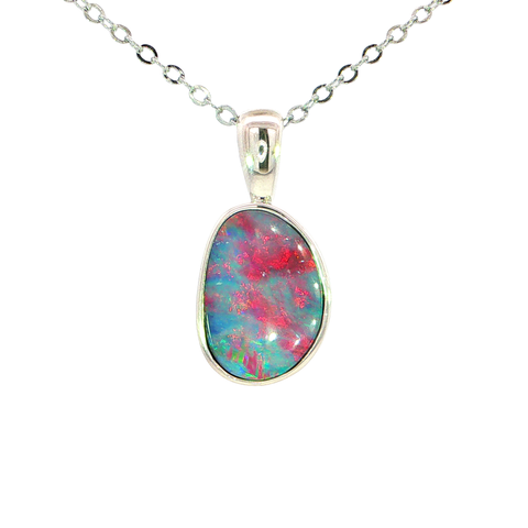 Australian Doublet Opal Pendant set in 925 Sterling Silver - Multicolour - Australian Opal Cutters and Pearl Divers
