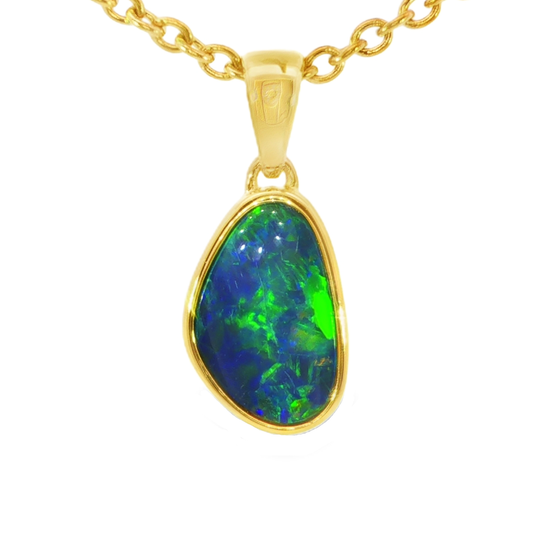 Australian Doublet Opal Pendant set in Gold Plated Sterling Silver - Green-Blue - Australian Opal Cutters and Pearl Divers