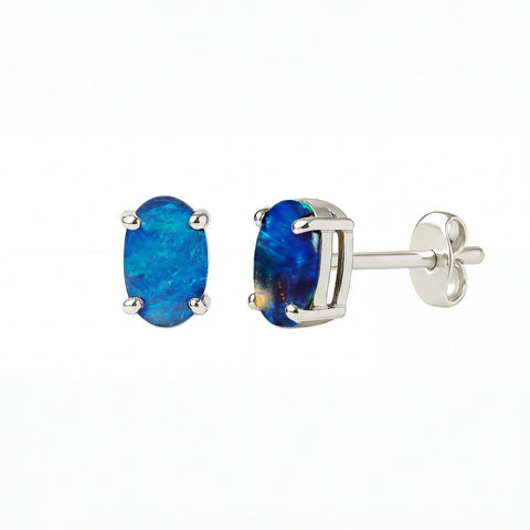 Black Opal Earrings in 925 Sterling Silver - Green-Blue - Australian Opal Cutters and Pearl Divers