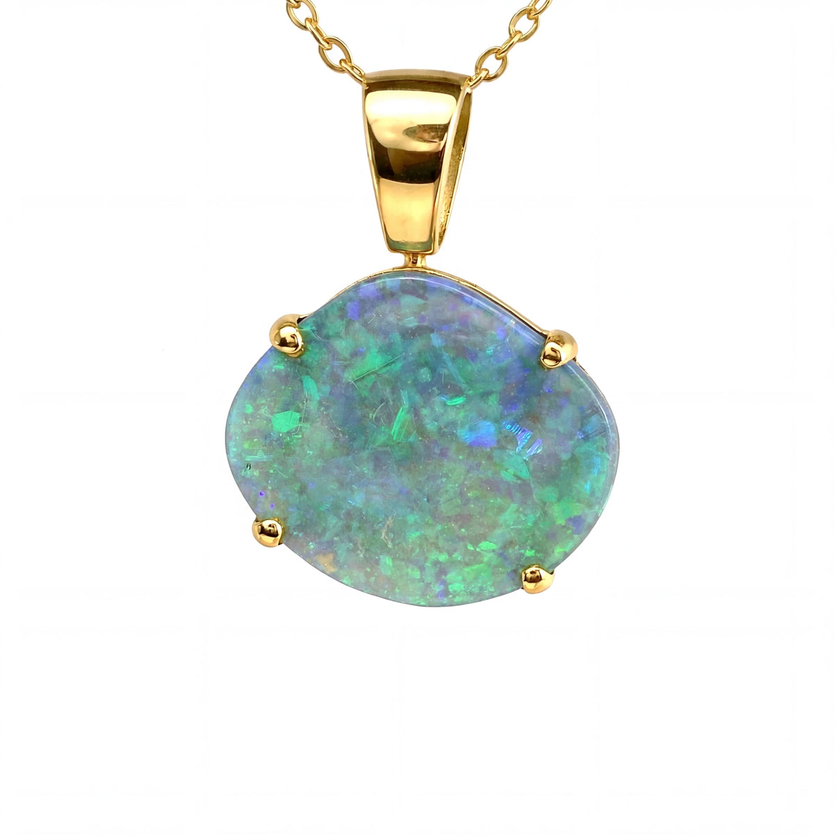 Black Opal Pendant in 18K Yellow Gold - Green and Blue - Australian Opal Cutters and Pearl Divers