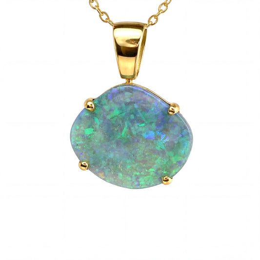 Black Opal Pendant in 18K Yellow Gold - Green and Blue - Australian Opal Cutters and Pearl Divers
