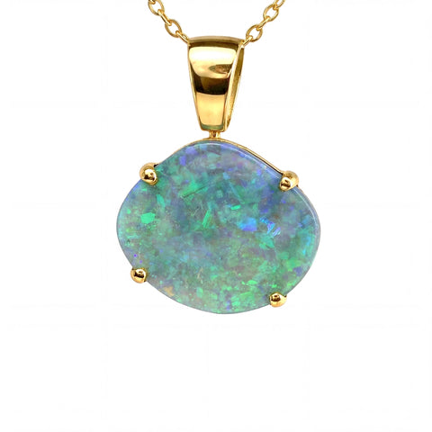 Black Opal Pendant in 18K Yellow Gold - Green and Blue - Australian Opal Cutters and Pearl Divers