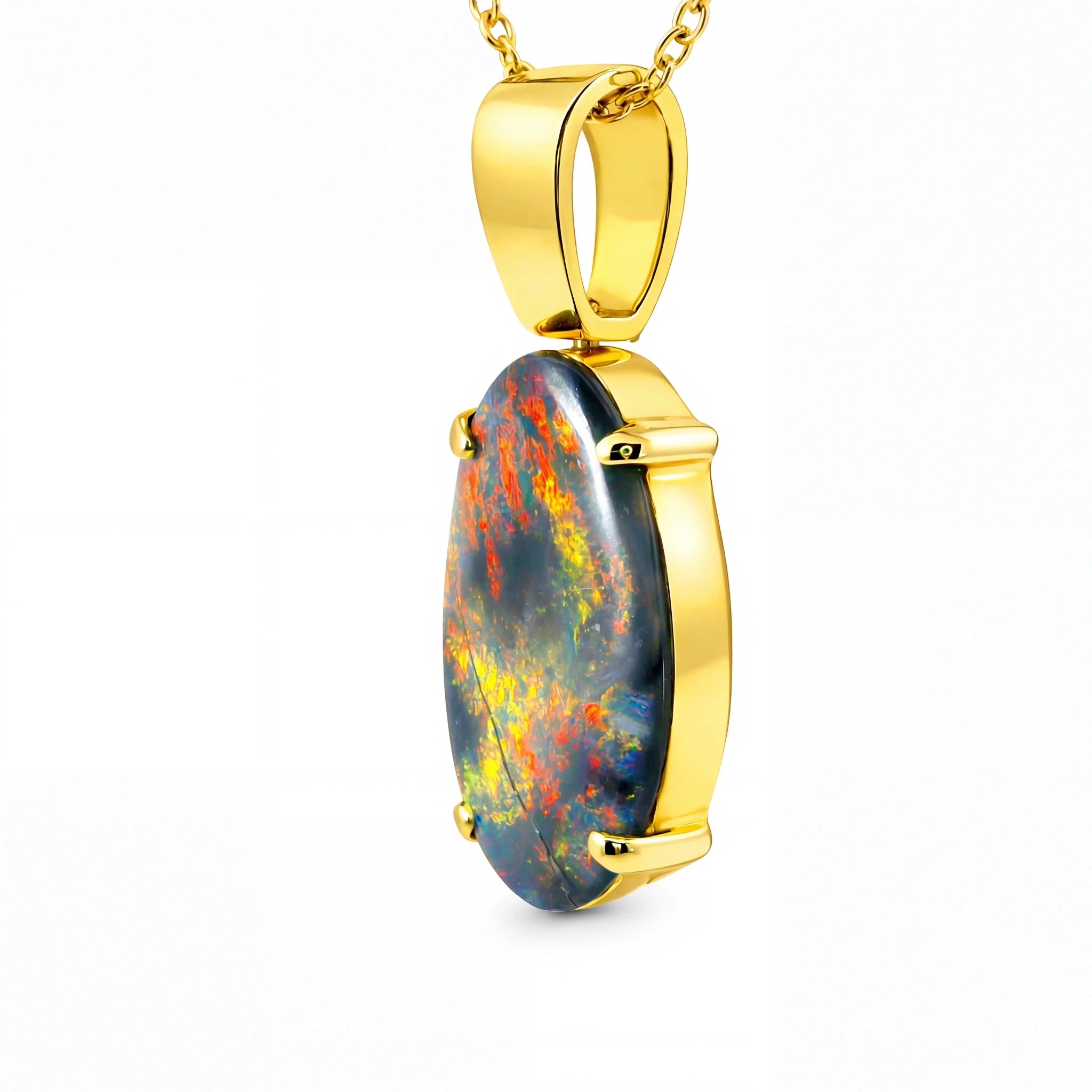 Black Opal Pendant in 18K Yellow Gold - Multicolour - Australian Opal Cutters and Pearl Divers