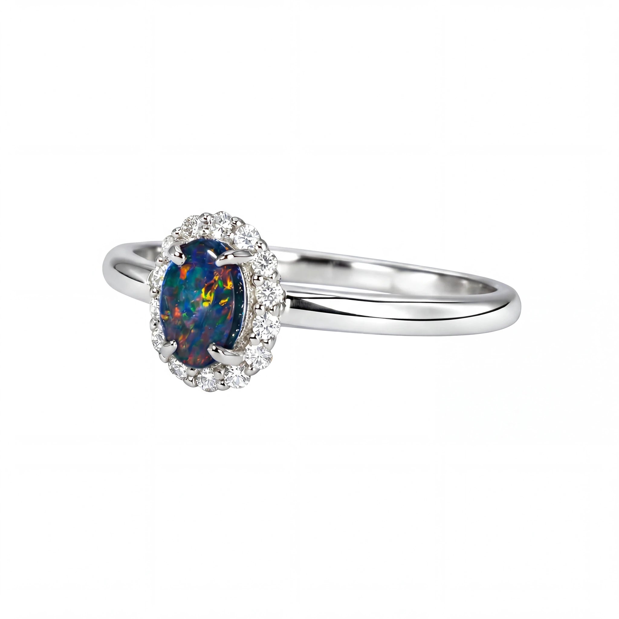 Black Opal Ring in 18K White Gold - Multicolour - Australian Opal Cutters and Pearl Divers