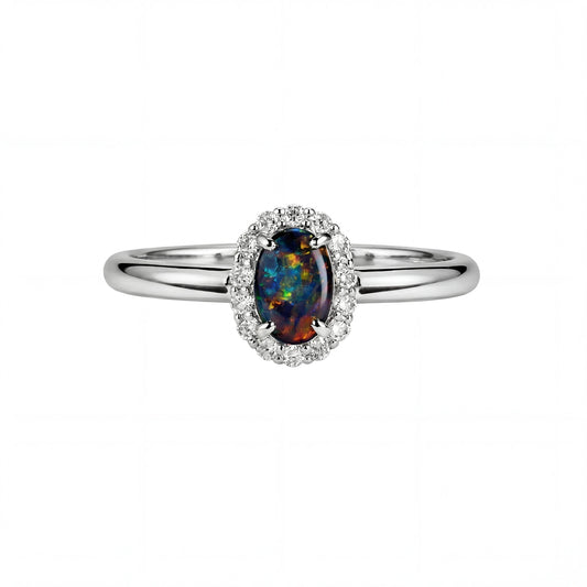 Black Opal Ring in 18K White Gold - Multicolour - Australian Opal Cutters and Pearl Divers