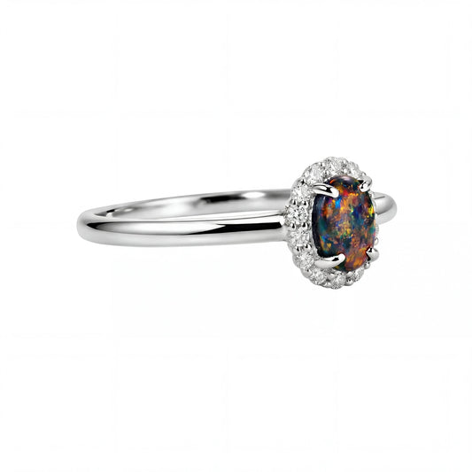Black Opal Ring in 18K White Gold - Multicolour - Australian Opal Cutters and Pearl Divers