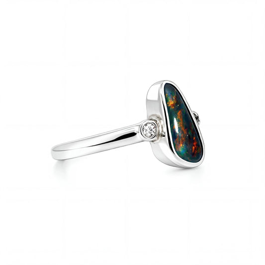 Black Opal Ring in 925 Sterling Silver - Multicolour - Australian Opal Cutters and Pearl Divers