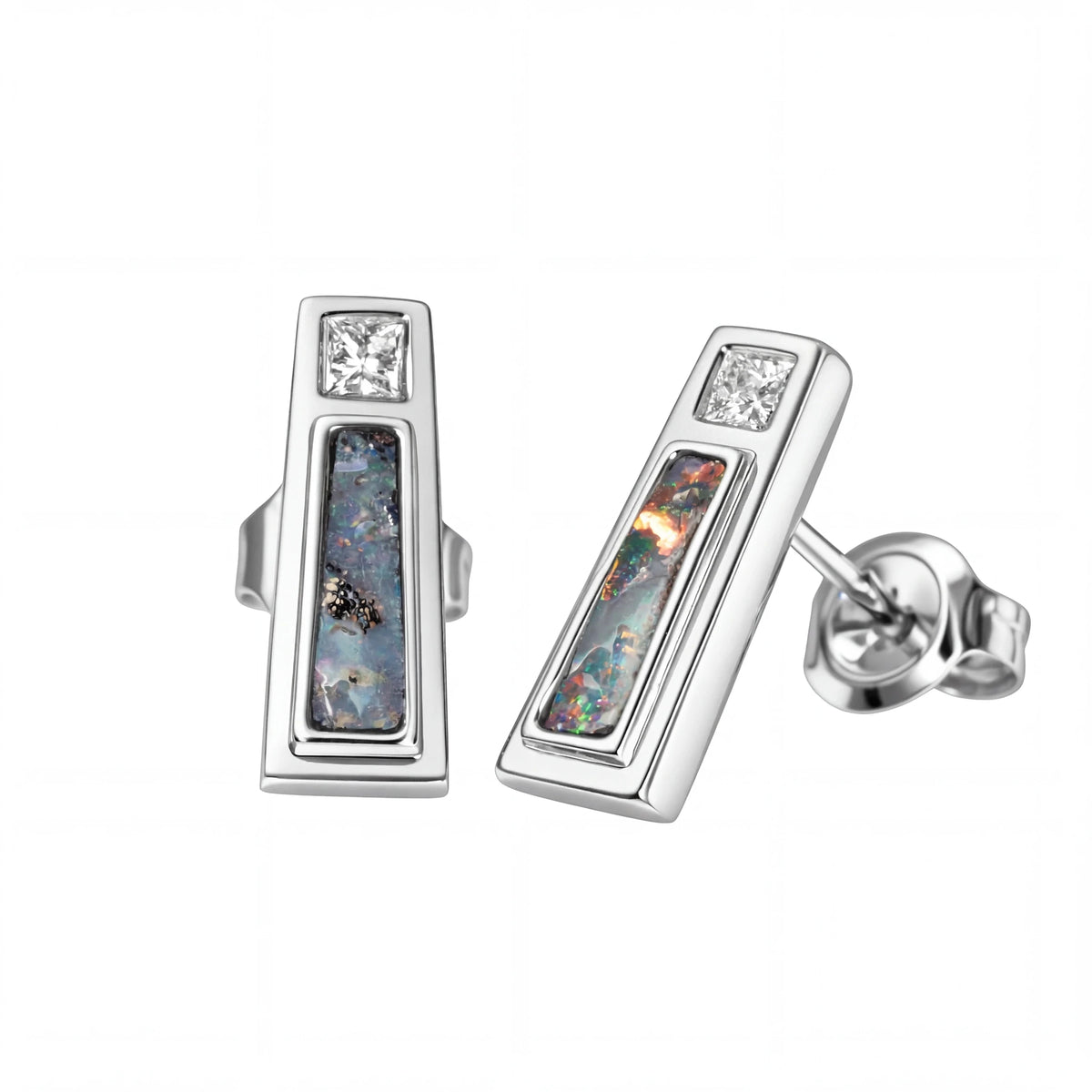 Boulder Opal Earrings in 14K White Gold - Multicolour - Australian Opal Cutters and Pearl Divers