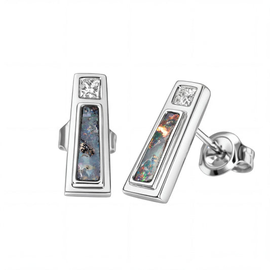 Boulder Opal Earrings in 14K White Gold - Multicolour - Australian Opal Cutters and Pearl Divers