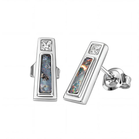 Boulder Opal Earrings in 14K White Gold - Multicolour - Australian Opal Cutters and Pearl Divers