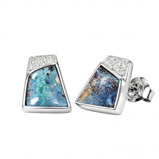 Boulder Opal Earrings in 14K White Gold - Multicolour - Australian Opal Cutters and Pearl Divers