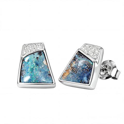 Boulder Opal Earrings in 14K White Gold - Multicolour - Australian Opal Cutters and Pearl Divers