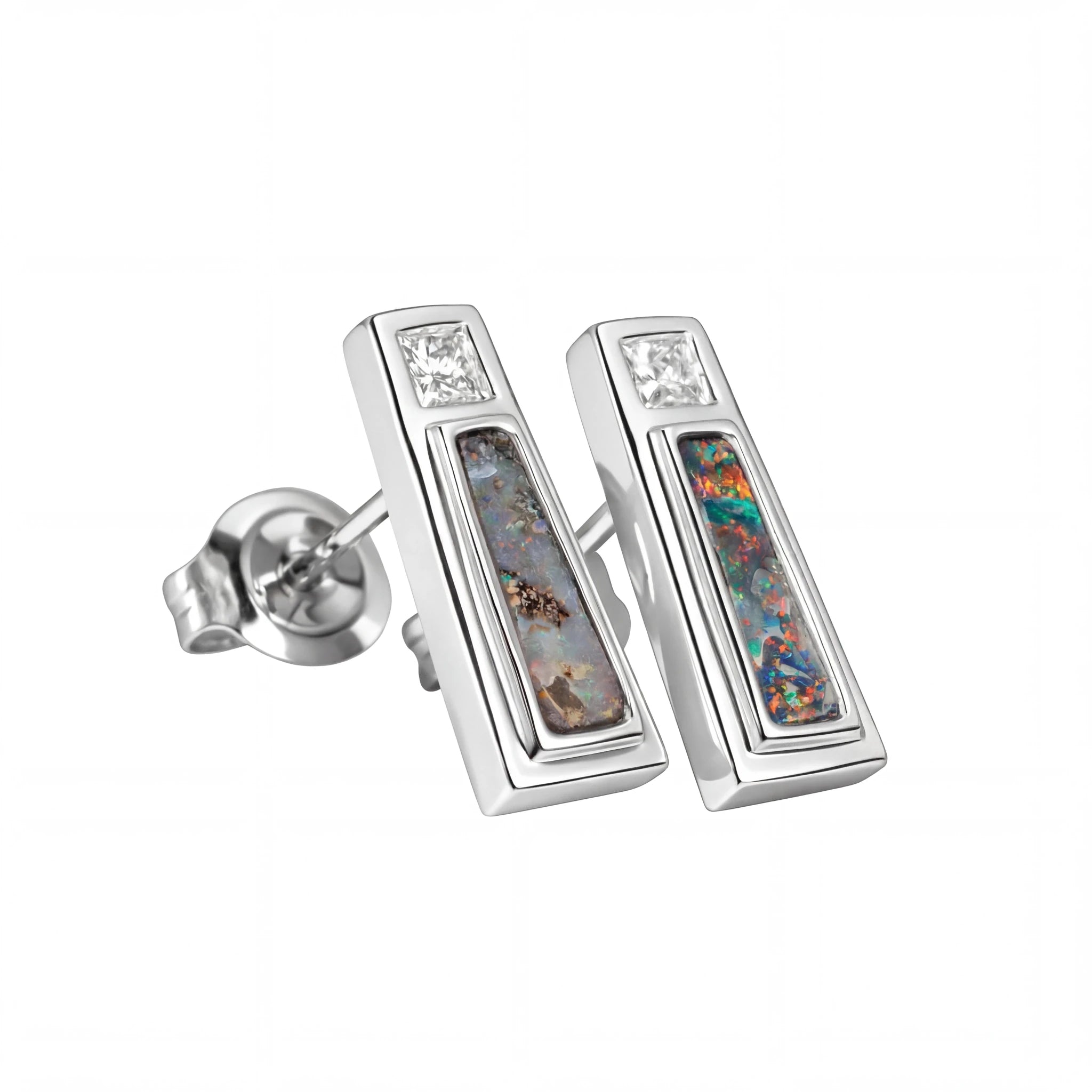 Boulder Opal Earrings in 14K White Gold - Multicolour - Australian Opal Cutters and Pearl Divers