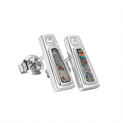 Boulder Opal Earrings in 14K White Gold - Multicolour - Australian Opal Cutters and Pearl Divers