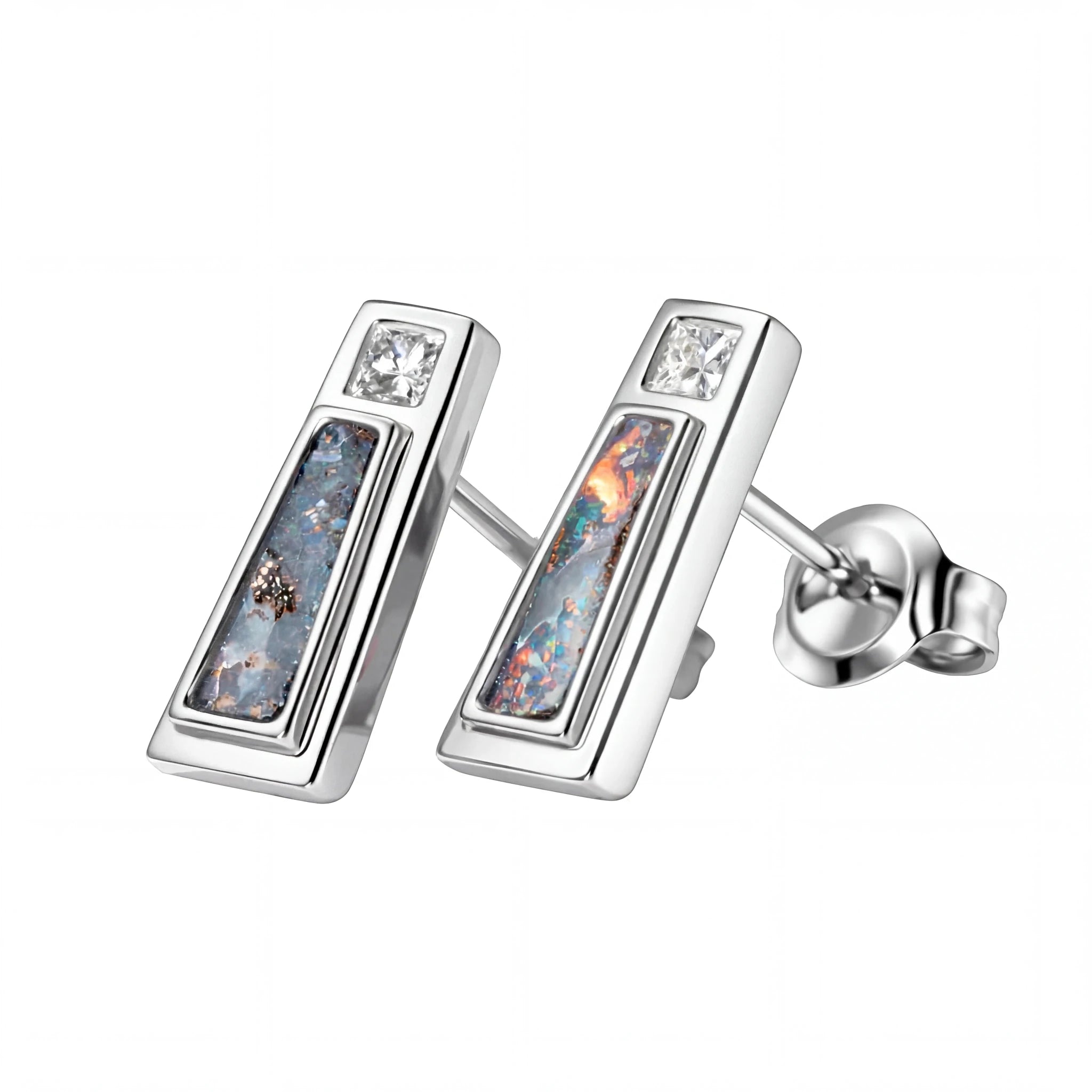 Boulder Opal Earrings in 14K White Gold - Multicolour - Australian Opal Cutters and Pearl Divers