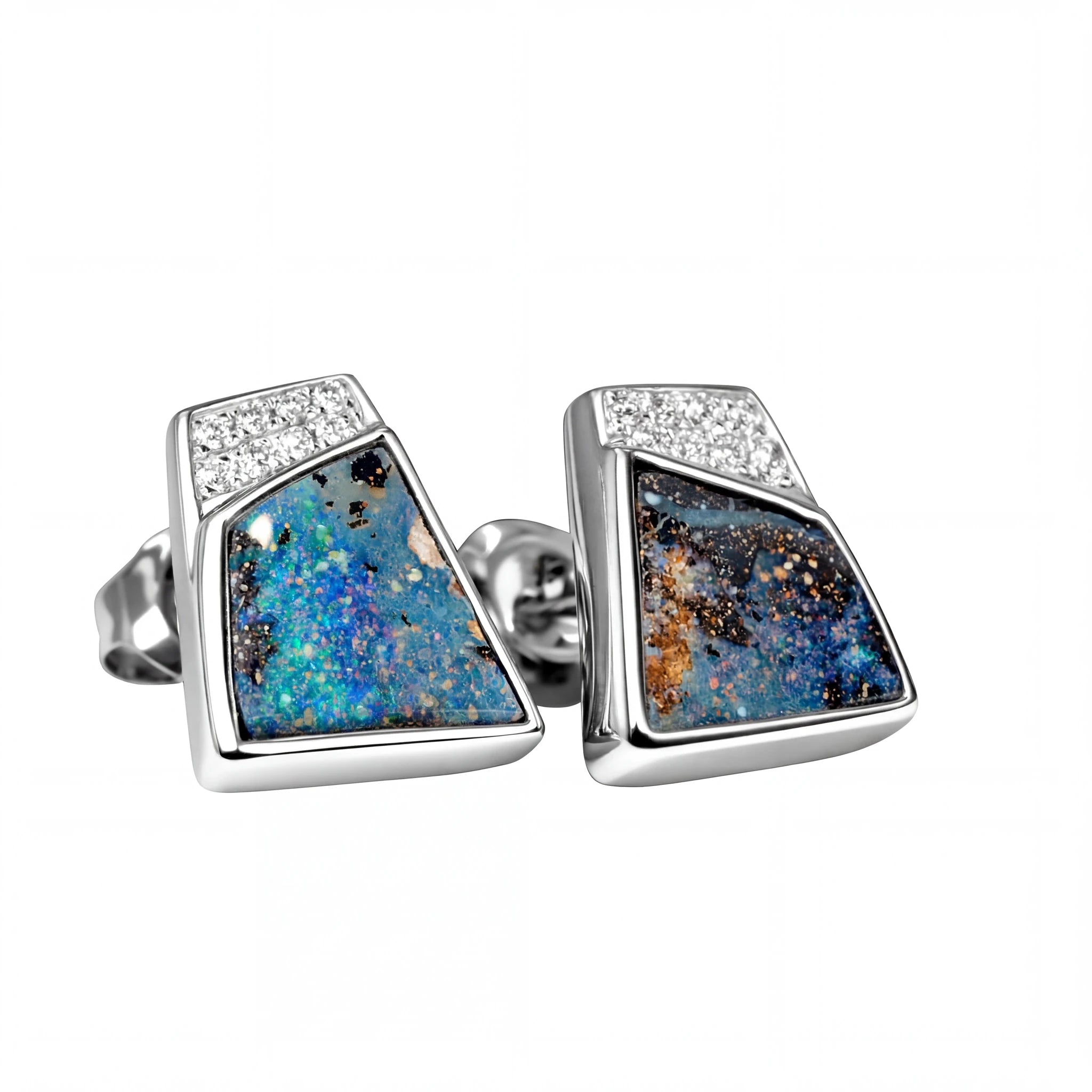 Boulder Opal Earrings in 14K White Gold - Multicolour - Australian Opal Cutters and Pearl Divers