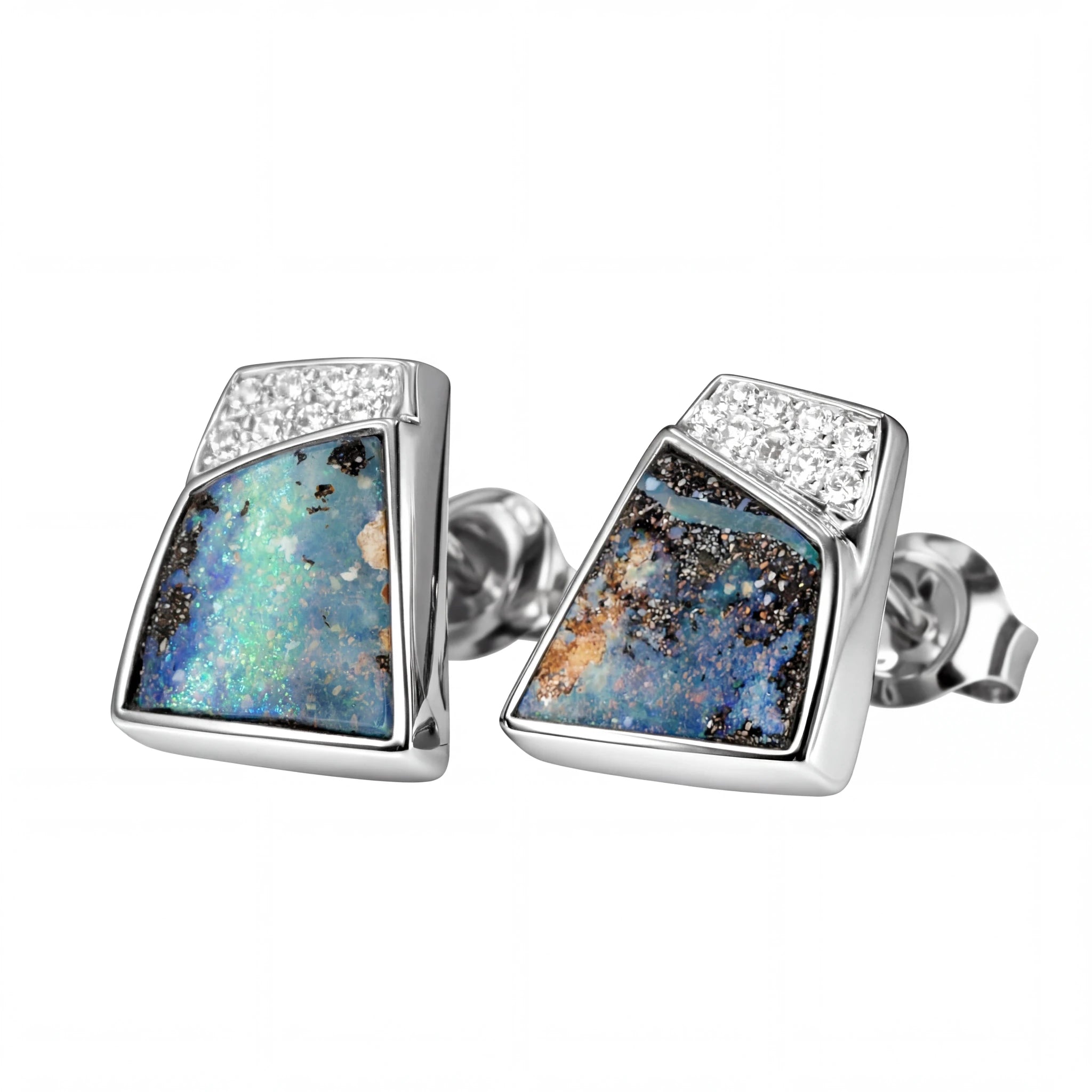 Boulder Opal Earrings in 14K White Gold - Multicolour - Australian Opal Cutters and Pearl Divers