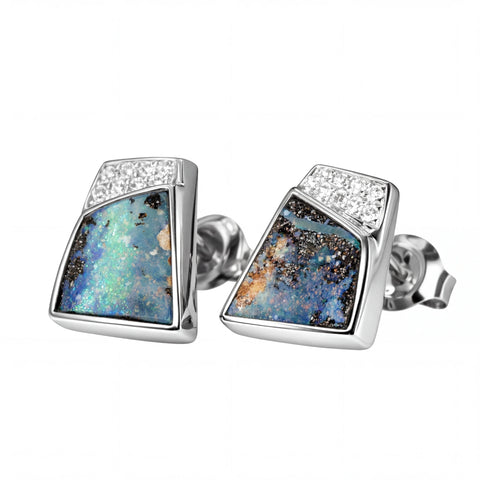 Boulder Opal Earrings in 14K White Gold - Multicolour - Australian Opal Cutters and Pearl Divers