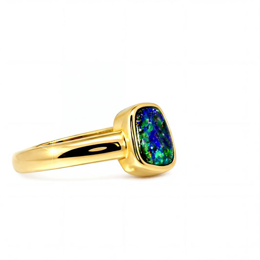 Boulder Opal Ring in 14K Yellow Gold (Green-Blue) - Australian Opal Cutters and Pearl Divers