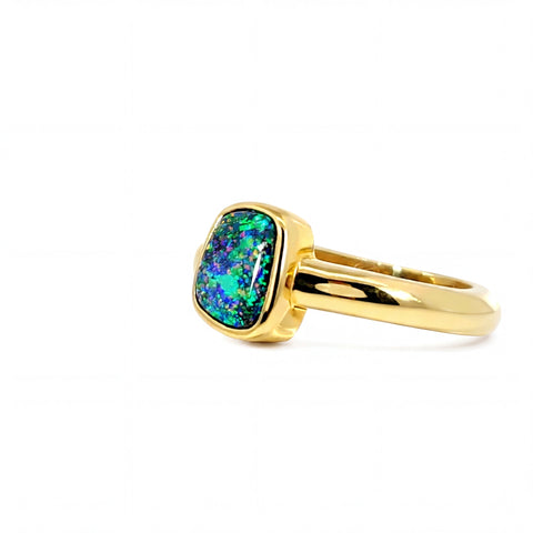 Boulder Opal Ring in 14K Yellow Gold (Green-Blue) - Australian Opal Cutters and Pearl Divers
