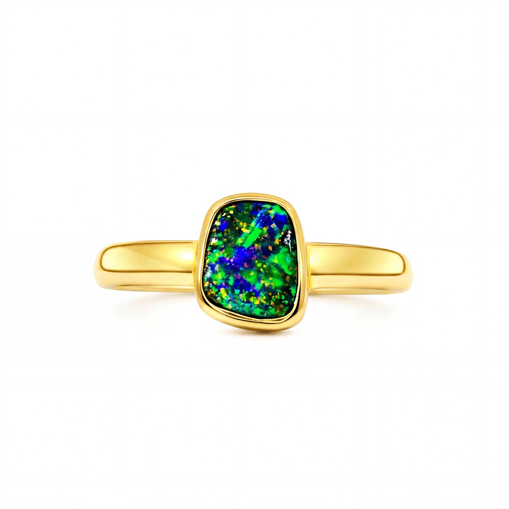Boulder Opal Ring in 14K Yellow Gold (Green-Blue) - Australian Opal Cutters and Pearl Divers
