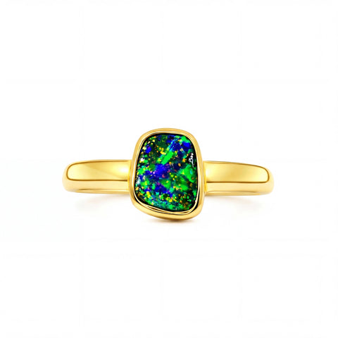 Boulder Opal Ring in 14K Yellow Gold (Green-Blue) - Australian Opal Cutters and Pearl Divers