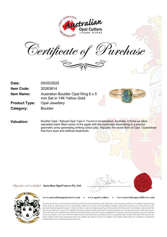 Boulder Opal Ring in 14K Yellow Gold (Green-Blue) - Australian Opal Cutters and Pearl Divers
