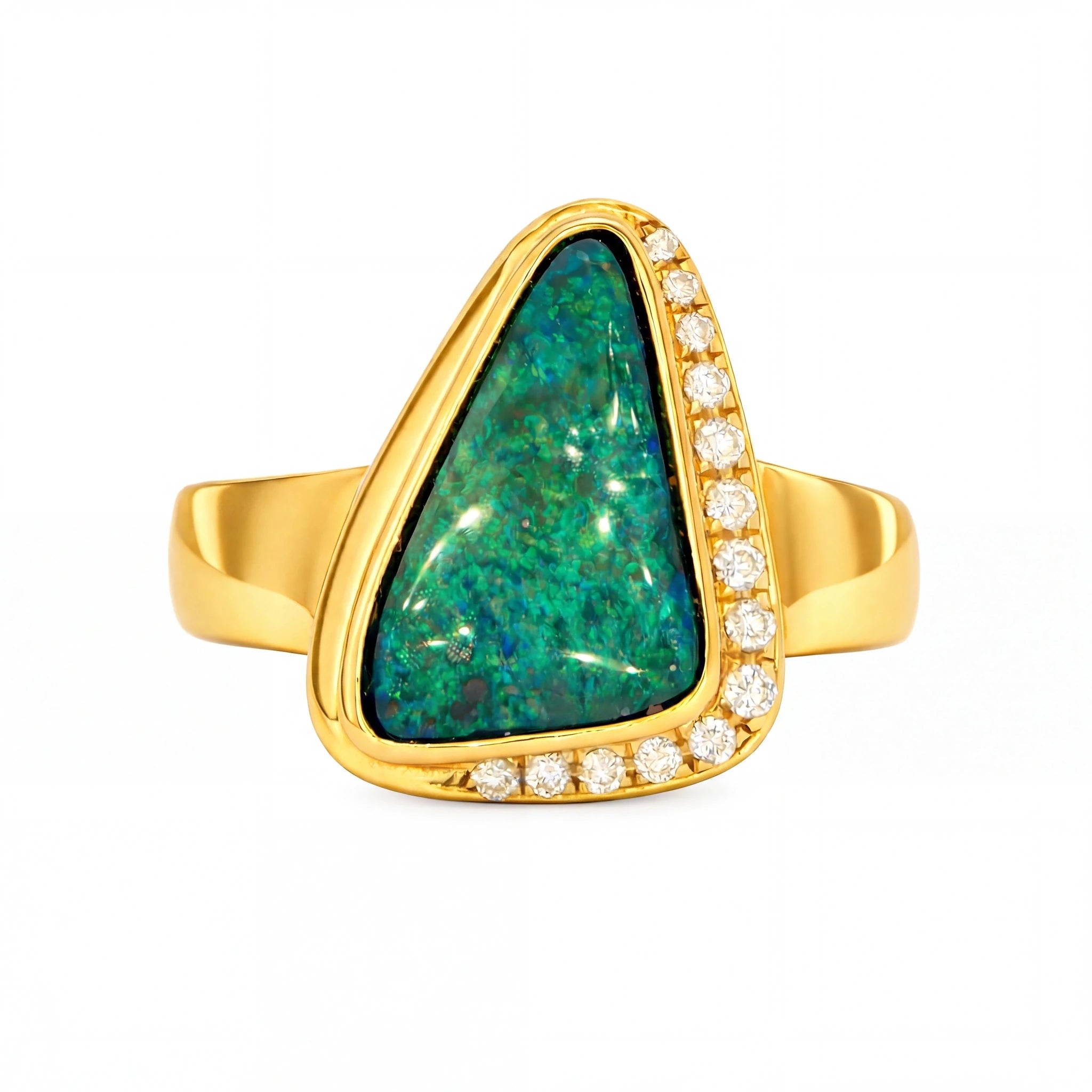 Boulder Opal Ring set in 14K Yellow Gold - Green and Blue - Australian Opal Cutters and Pearl Divers