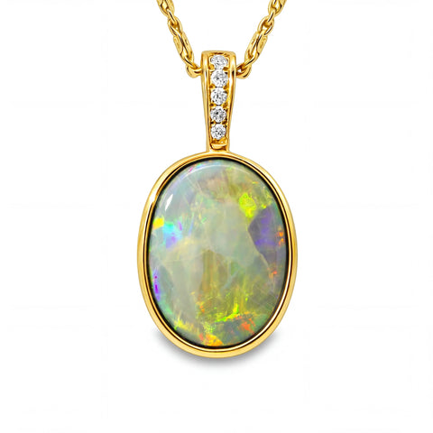 Dark Opal Pendant In 14k Yellow Gold - Multicolour - Australian Opal Cutters and Pearl Divers
