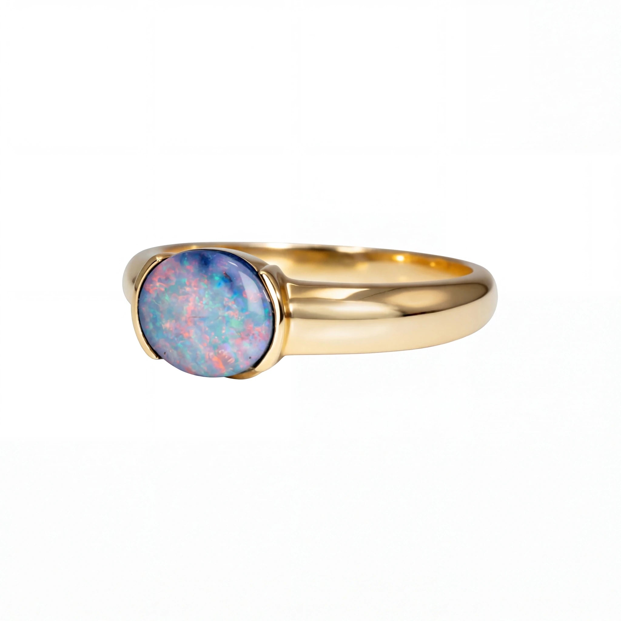Dark Opal Ring In 14k Yellow Gold - Multicolour - Australian Opal Cutters and Pearl Divers