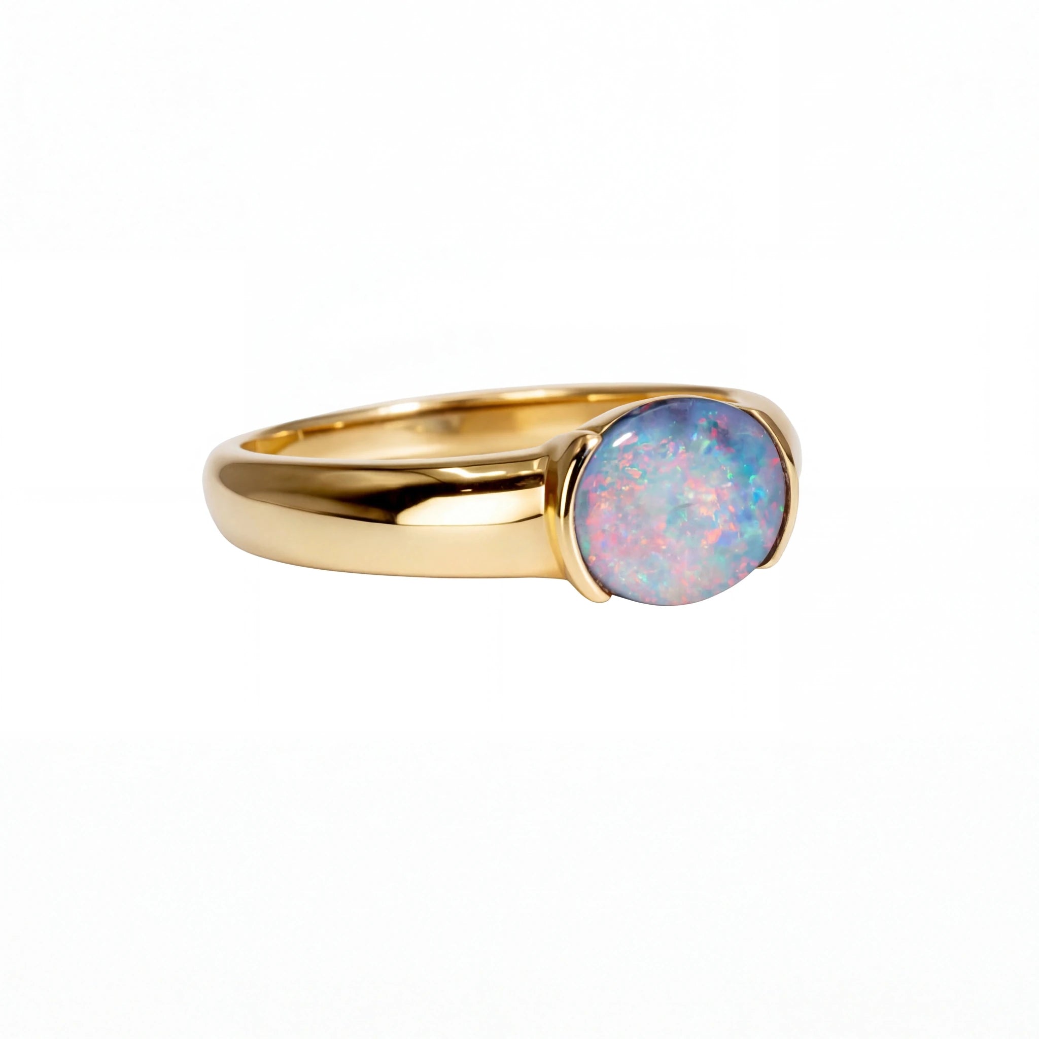 Dark Opal Ring In 14k Yellow Gold - Multicolour - Australian Opal Cutters and Pearl Divers