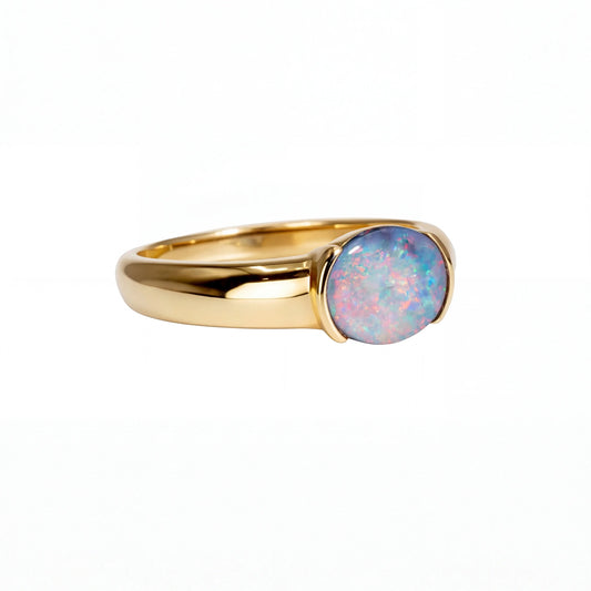 Dark Opal Ring In 14k Yellow Gold - Multicolour - Australian Opal Cutters and Pearl Divers