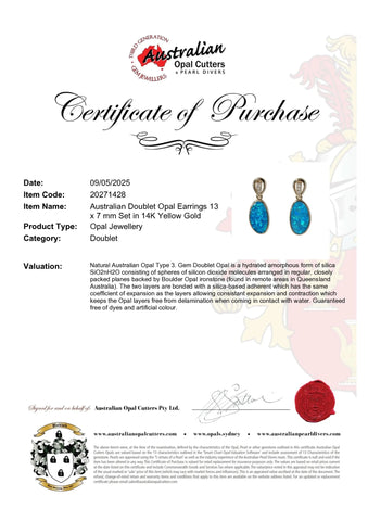 Doublet Opal Earrings in 14K Yellow Gold (Green-Blue) - Australian Opal Cutters and Pearl Divers