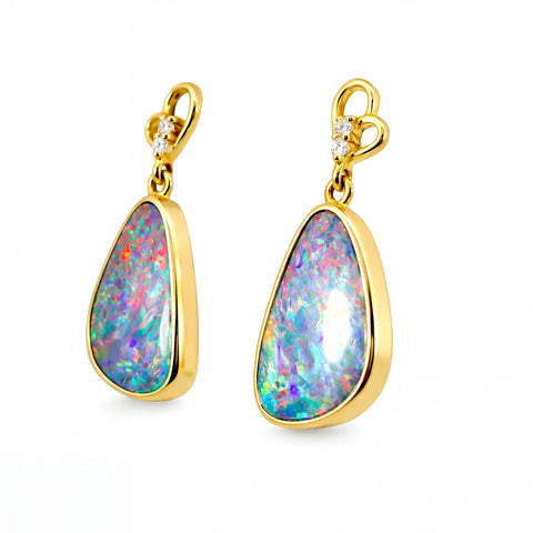 Doublet Opal Earrings in 14K Yellow Gold (Multicolour) - Australian Opal Cutters and Pearl Divers
