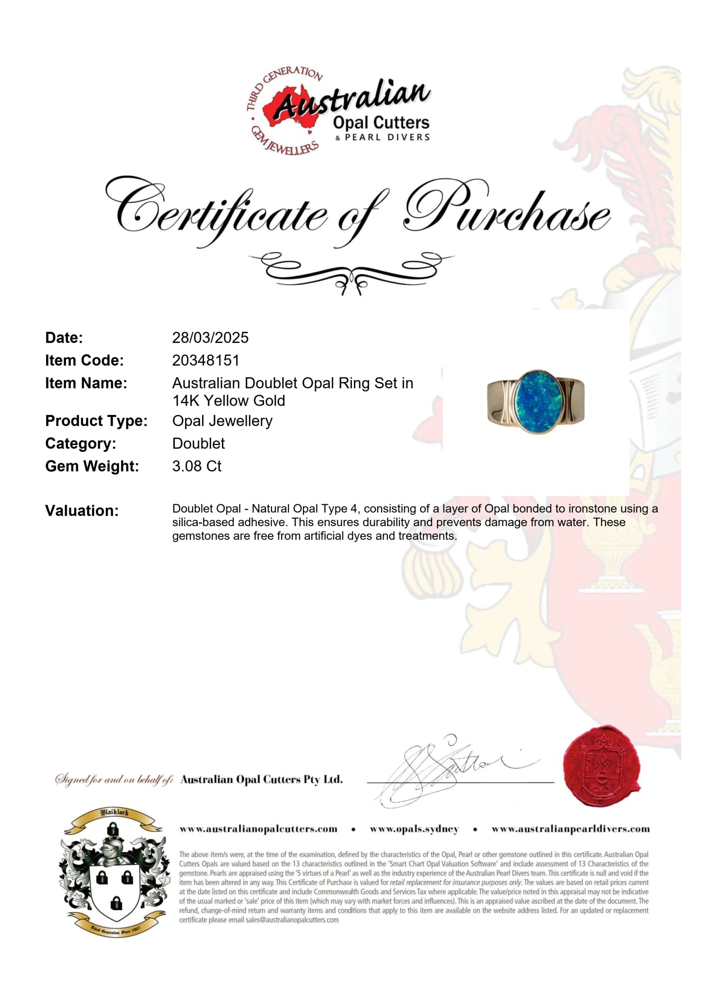 Doublet Opal Men's Ring in 14K Yellow Gold - Green-Blue - Australian Opal Cutters and Pearl Divers