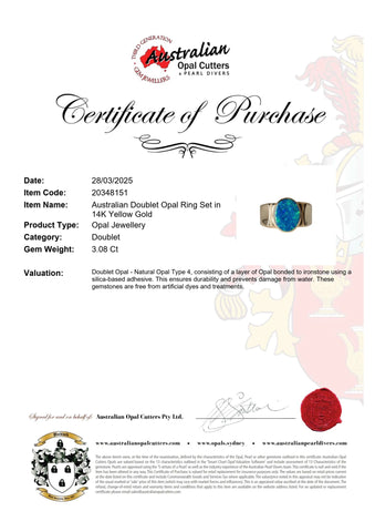 Doublet Opal Men's Ring in 14K Yellow Gold - Green-Blue - Australian Opal Cutters and Pearl Divers