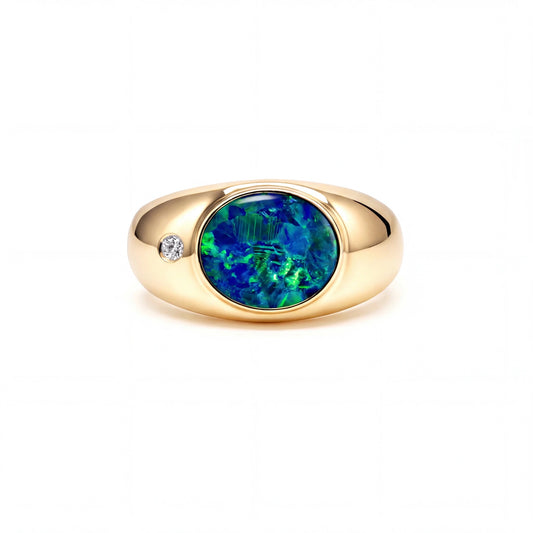 Doublet Opal Men's Ring in 14K Yellow Gold - Green-Blue - Australian Opal Cutters and Pearl Divers