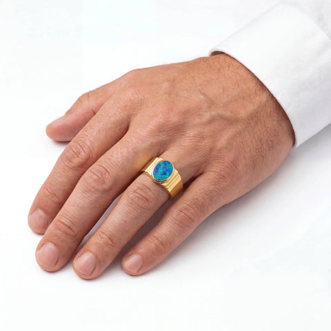 Doublet Opal Men's Ring in 14K Yellow Gold - Green-Blue - Australian Opal Cutters and Pearl Divers
