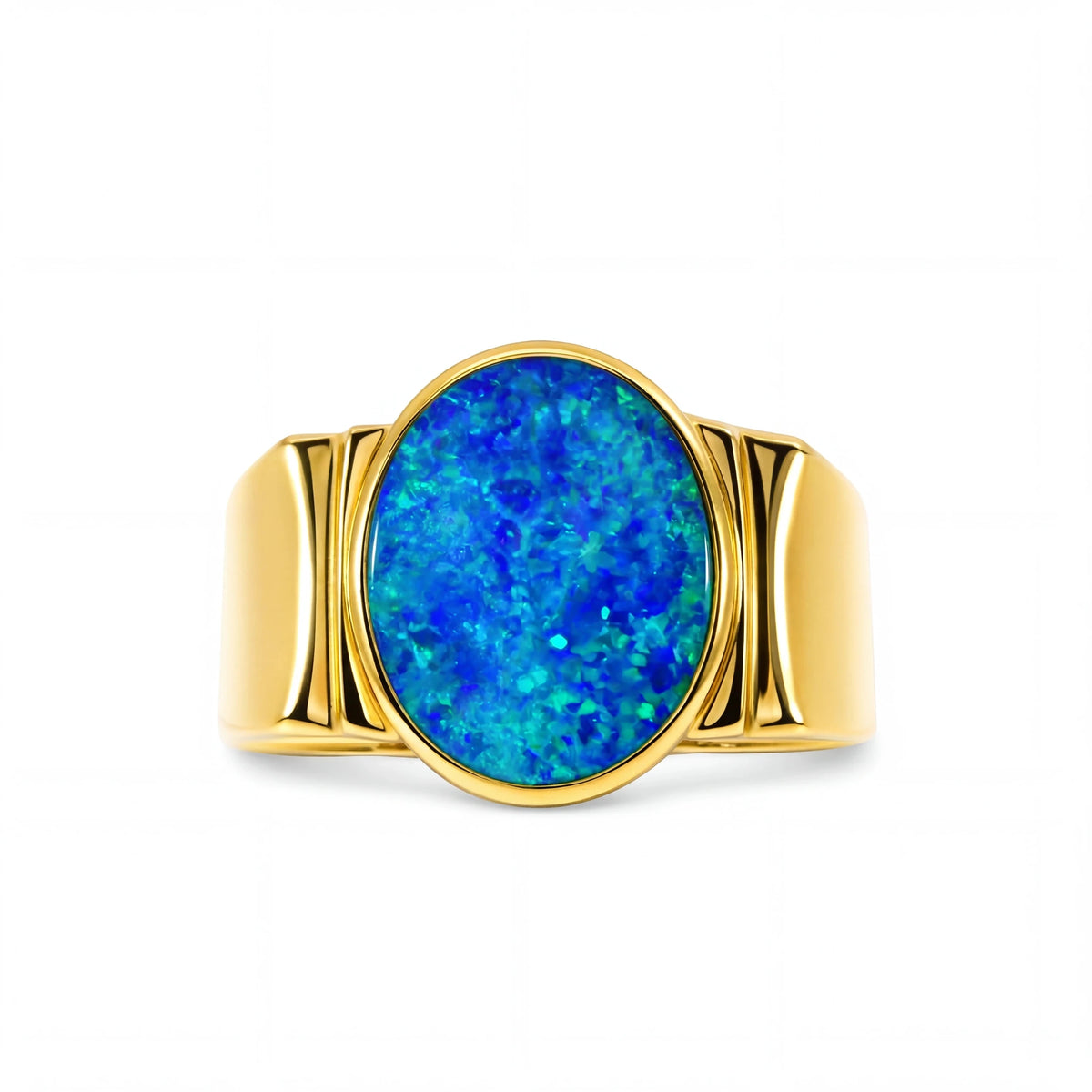 Doublet Opal Men's Ring in 14K Yellow Gold - Green-Blue - Australian Opal Cutters and Pearl Divers