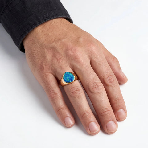 Doublet Opal Men's Ring in 14K Yellow Gold - Green-Blue - Australian Opal Cutters and Pearl Divers